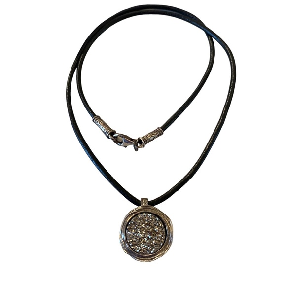 Vintage Didae Israel Sterling Modernist Druzy Quartz Pendant Necklace leather 8" - Picture 5 of 13